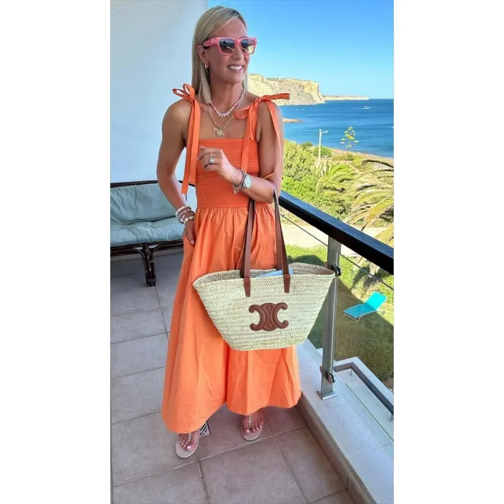 NWT COS Orange Cotton Maxi Dress Smocked Waist Tie Strap XS - Picture 1 of 15
